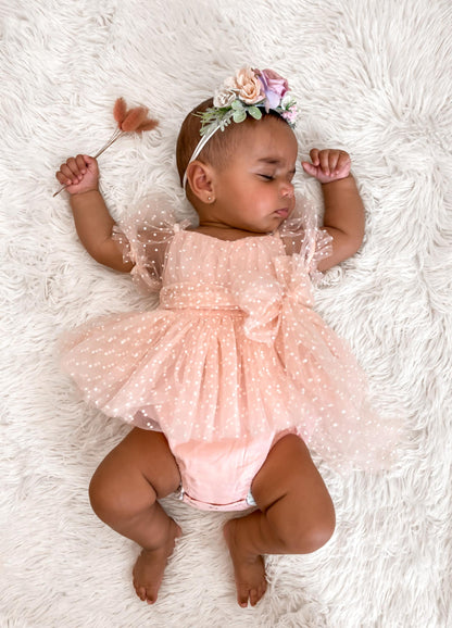 Swiss Dot Pink Rose Flower Fairy Baby Girl Tulle Party Romper