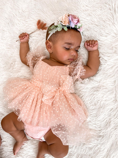 Swiss Dot Pink Rose Flower Fairy Baby Girl Tulle Party Romper