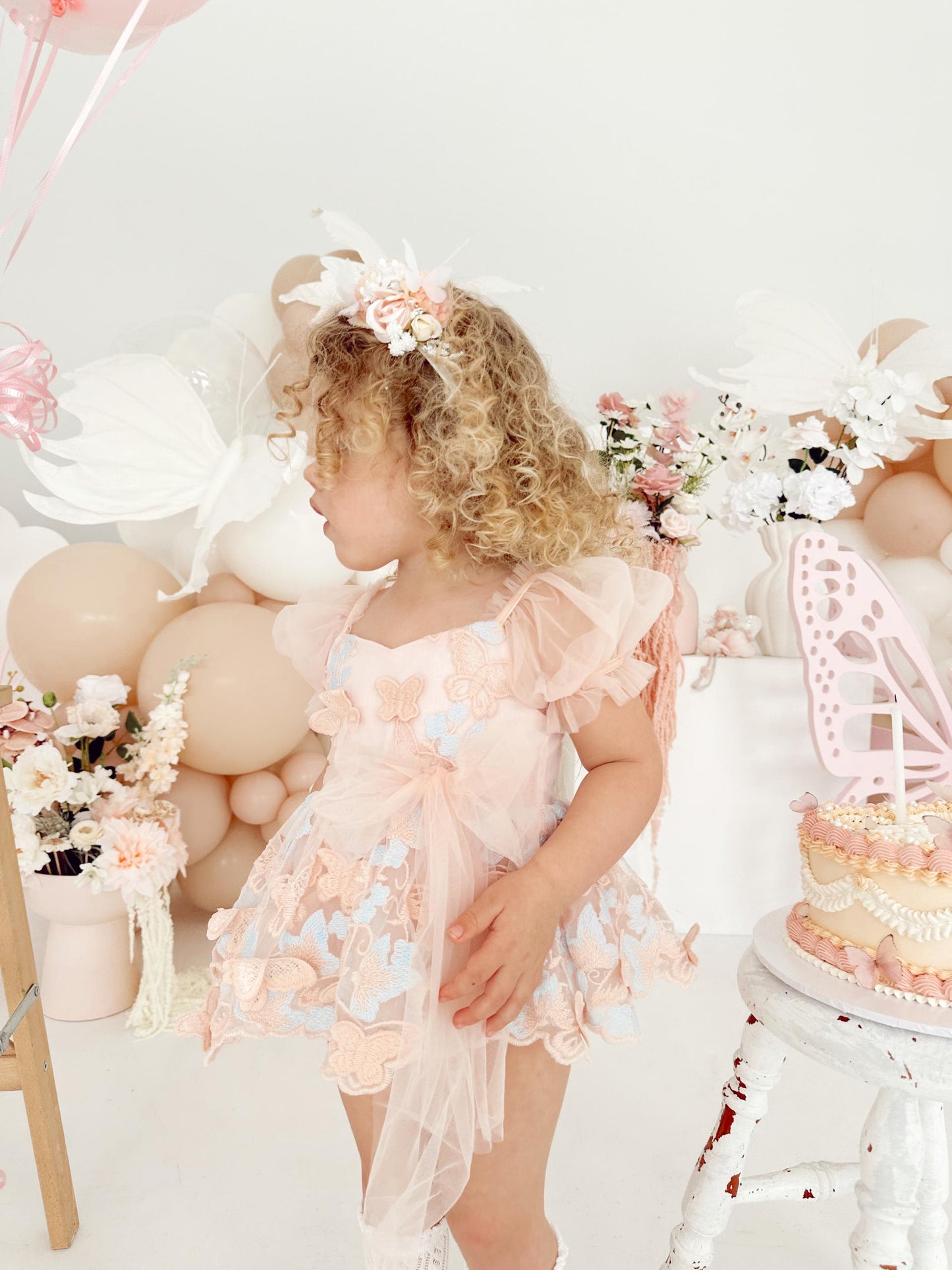 Butterfly Kisses Peach Rose Baby Girl Embroidered Tulle Party Romper