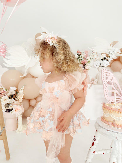 Butterfly Kisses Peach Rose Baby Girl Embroidered Tulle Party Romper