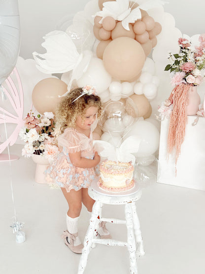 Butterfly Kisses Peach Rose Baby Girl Embroidered Tulle Party Romper