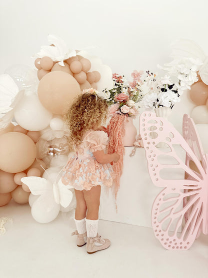 Butterfly Kisses Peach Rose Baby Girl Embroidered Tulle Party Romper