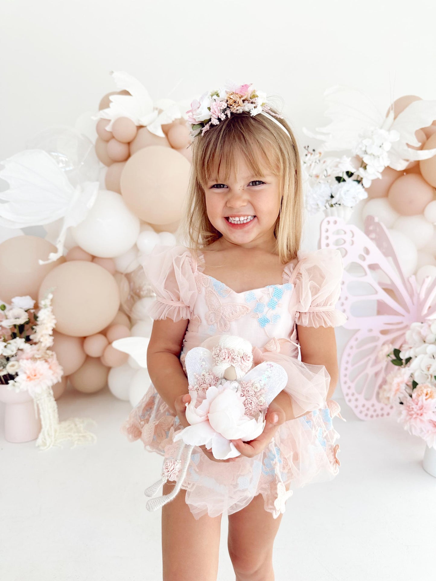 Butterfly Kisses Peach Rose Baby Girl Embroidered Tulle Party Romper