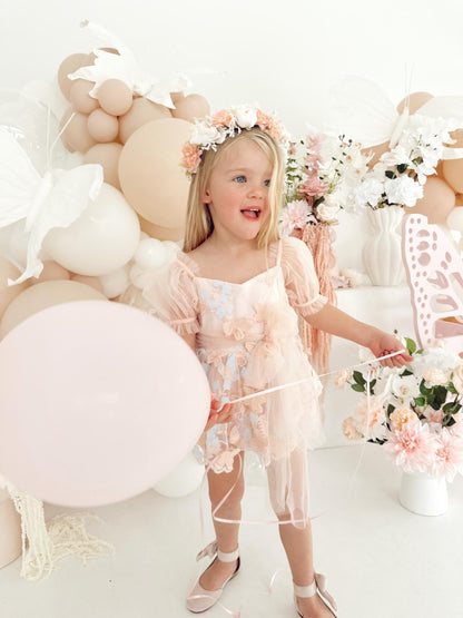 Butterfly Kisses Peach Rose Baby Girl Embroidered Tulle Party Romper