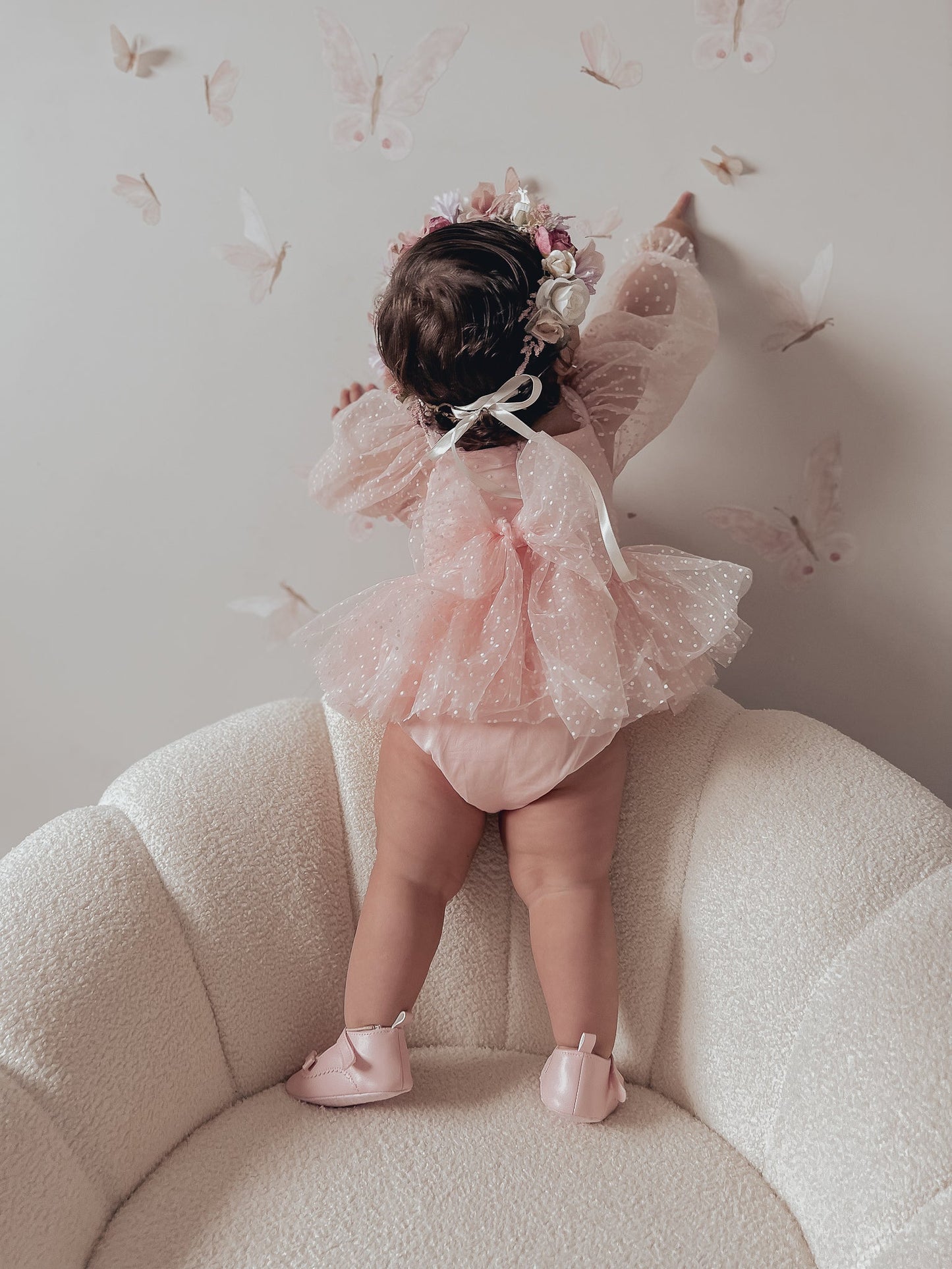 Swiss Dot Bloom Pink Rose Baby Girl Tulle Party Romper