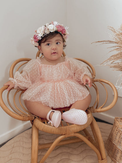 Swiss Dot Bloom Pink Rose Baby Girl Tulle Party Romper