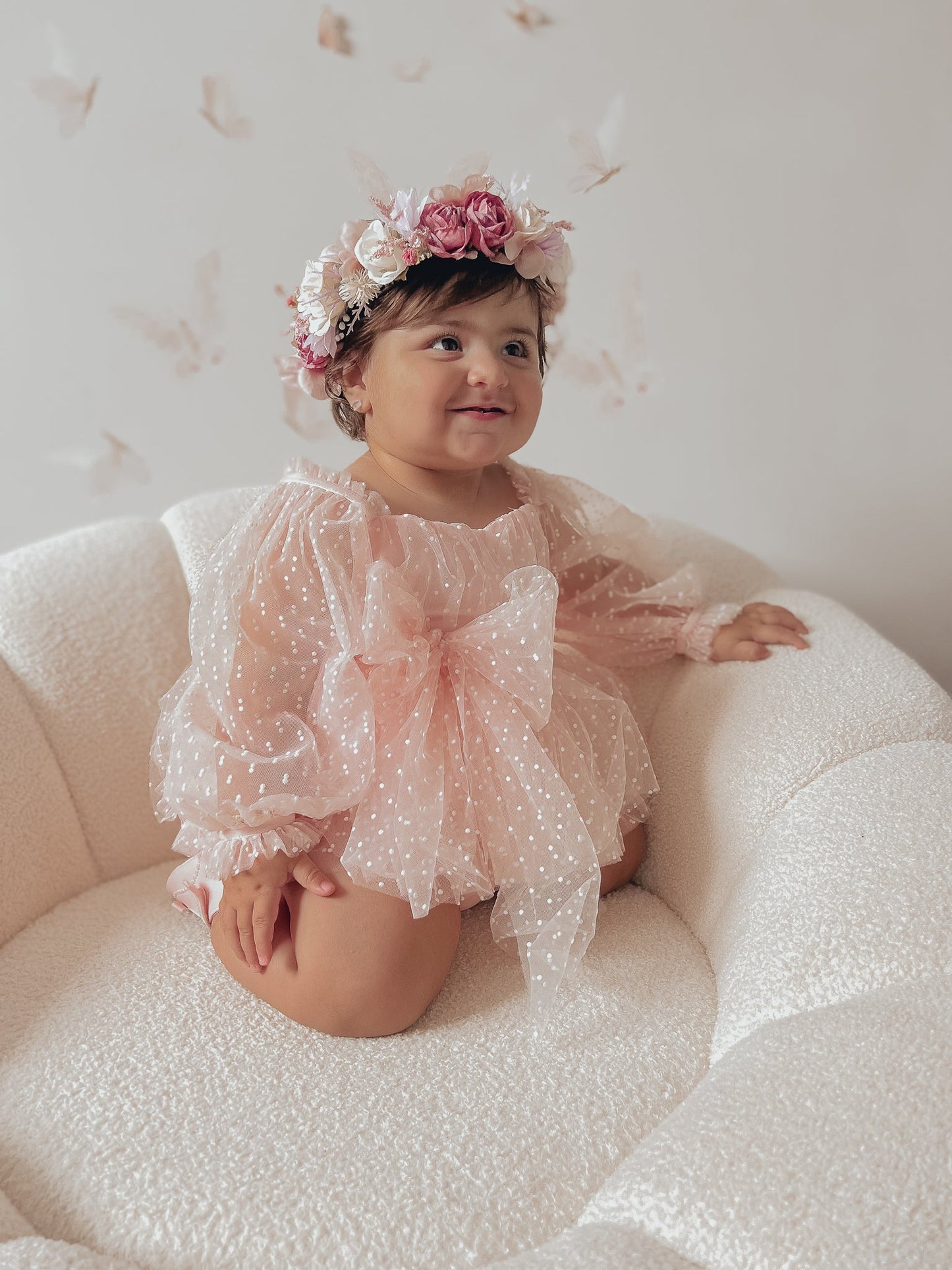 Swiss Dot Bloom Pink Rose Baby Girl Tulle Party Romper