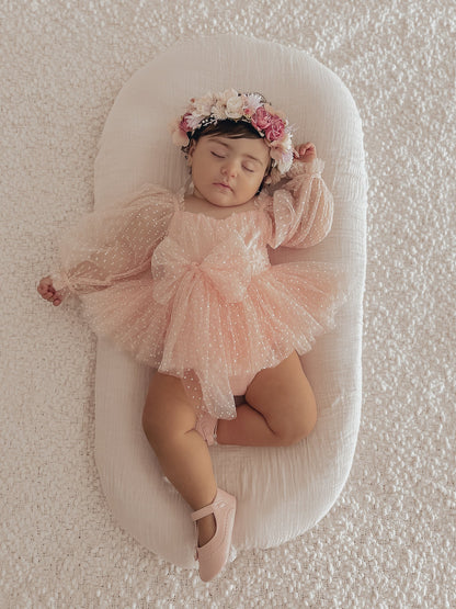 Swiss Dot Bloom Pink Rose Baby Girl Tulle Party Romper