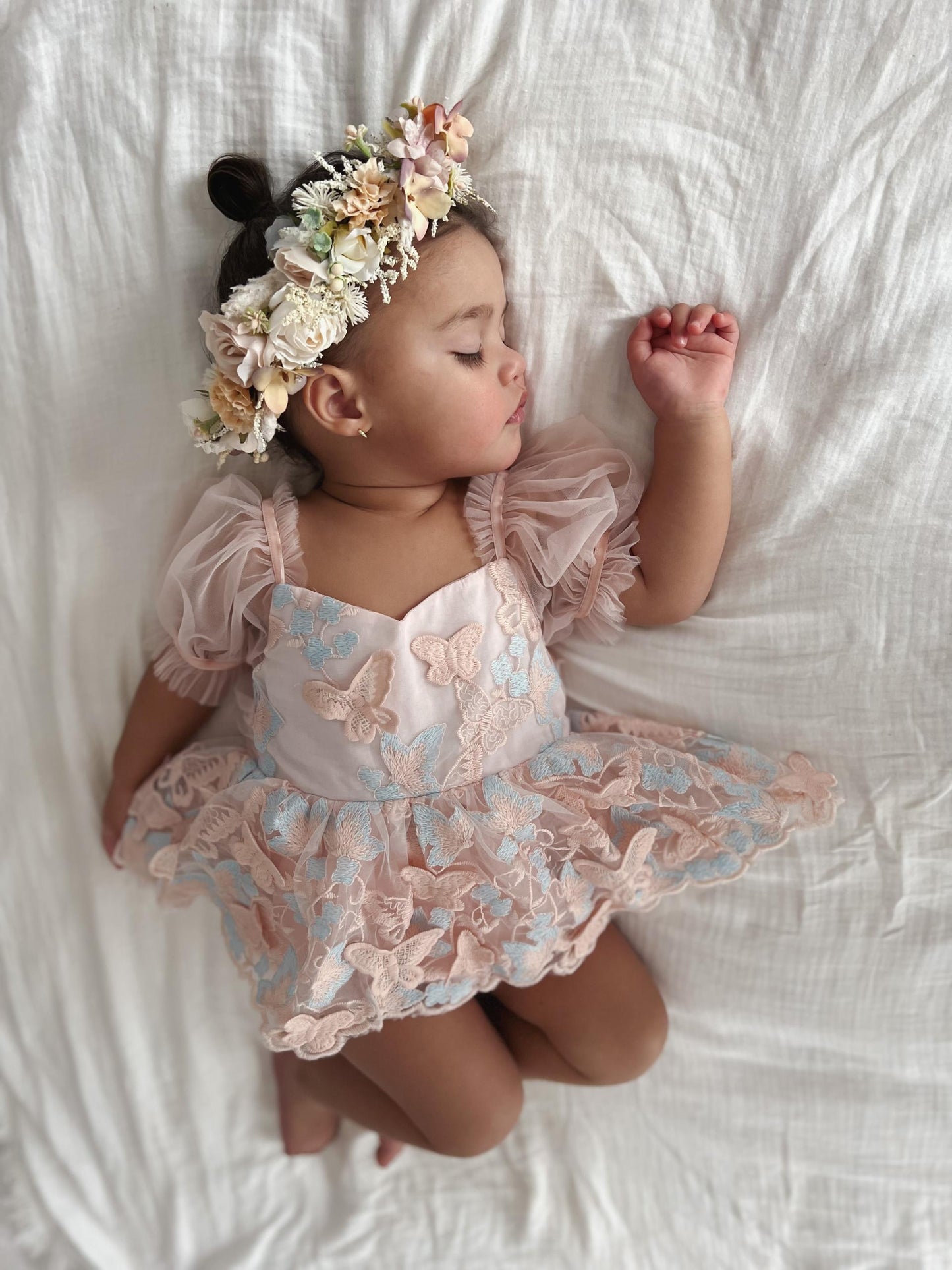 Butterfly Kisses Peach Rose Baby Girl Embroidered Tulle Party Romper