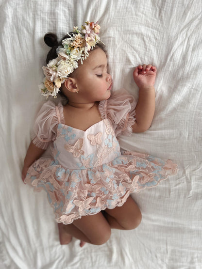 Butterfly Kisses Peach Rose Baby Girl Embroidered Tulle Party Romper