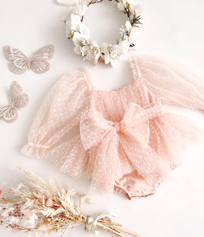 Swiss Dot Bloom Pink Rose Baby Girl Tulle Party Romper