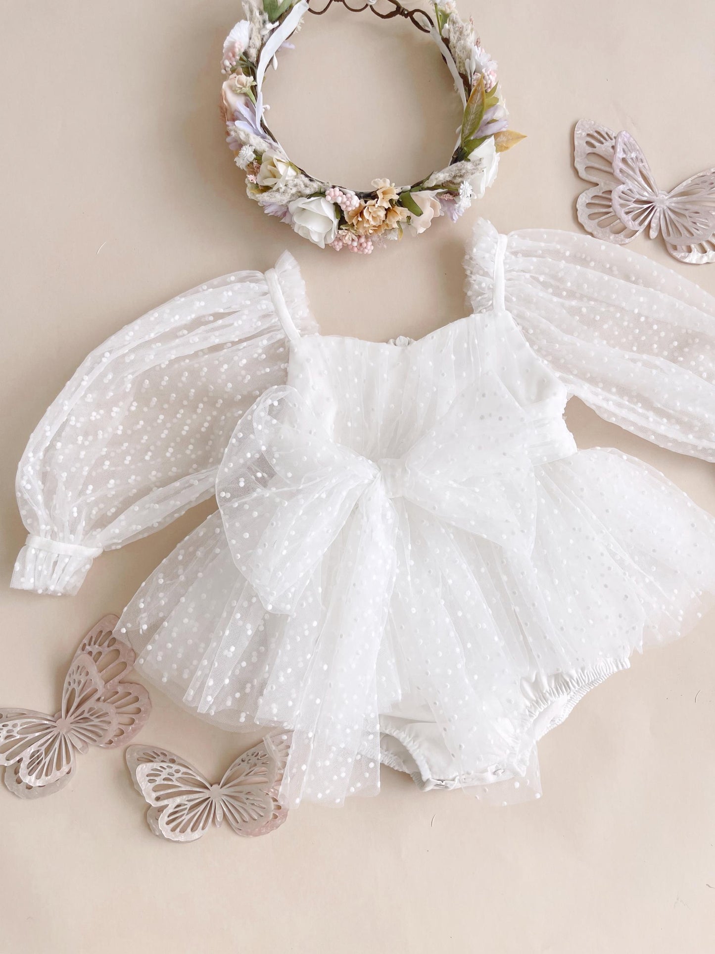 Swiss Dot Bloom White Baby Girl Tulle Romper