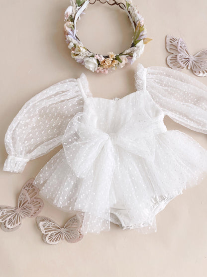 Swiss Dot Bloom White Baby Girl Tulle Romper