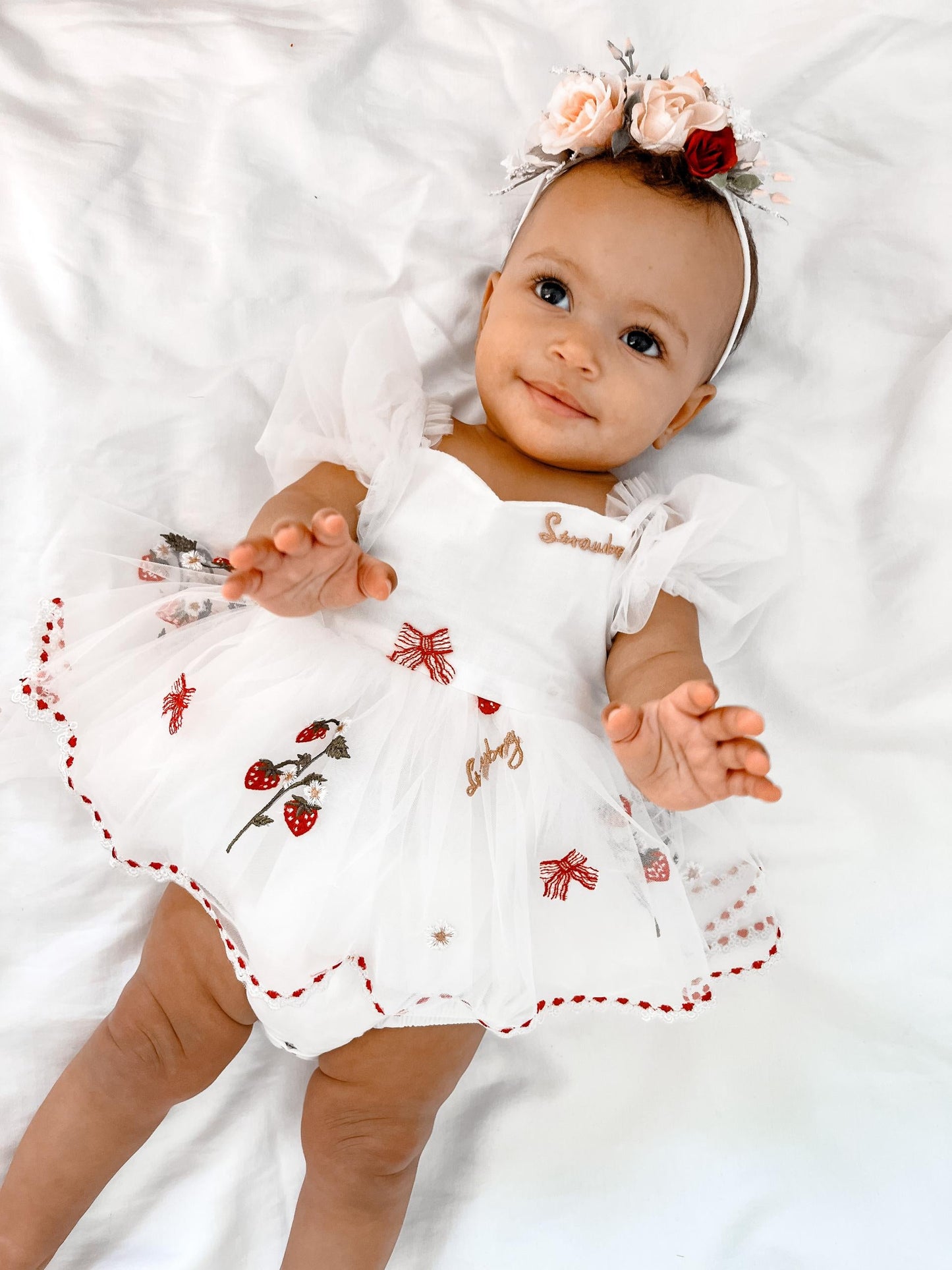 Strawberry Fields White Baby Girl Tulle Party Romper