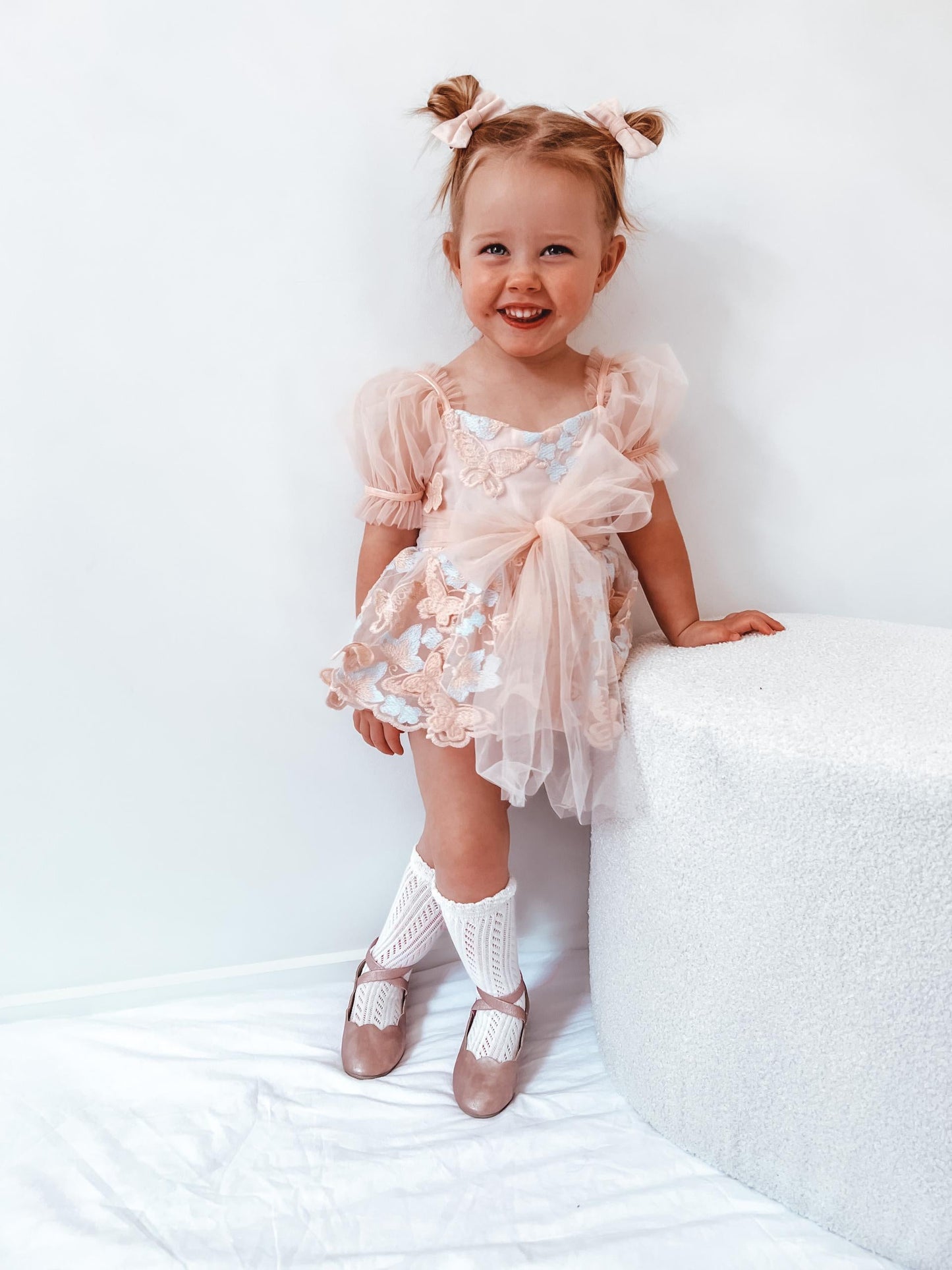 Butterfly Kisses Peach Rose Baby Girl Embroidered Tulle Party Romper