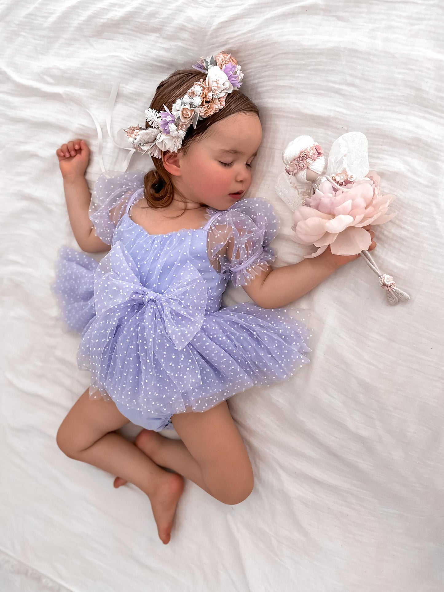 Swiss Dot Periwinkle Flower Fairy Baby Girl Tulle Party Romper