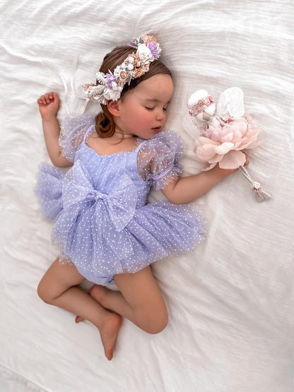 Swiss Dot Periwinkle Flower Fairy Baby Girl Tulle Party Romper