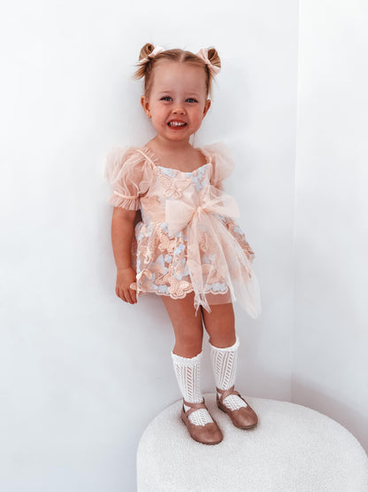 Butterfly Kisses Peach Rose Baby Girl Embroidered Tulle Party Romper