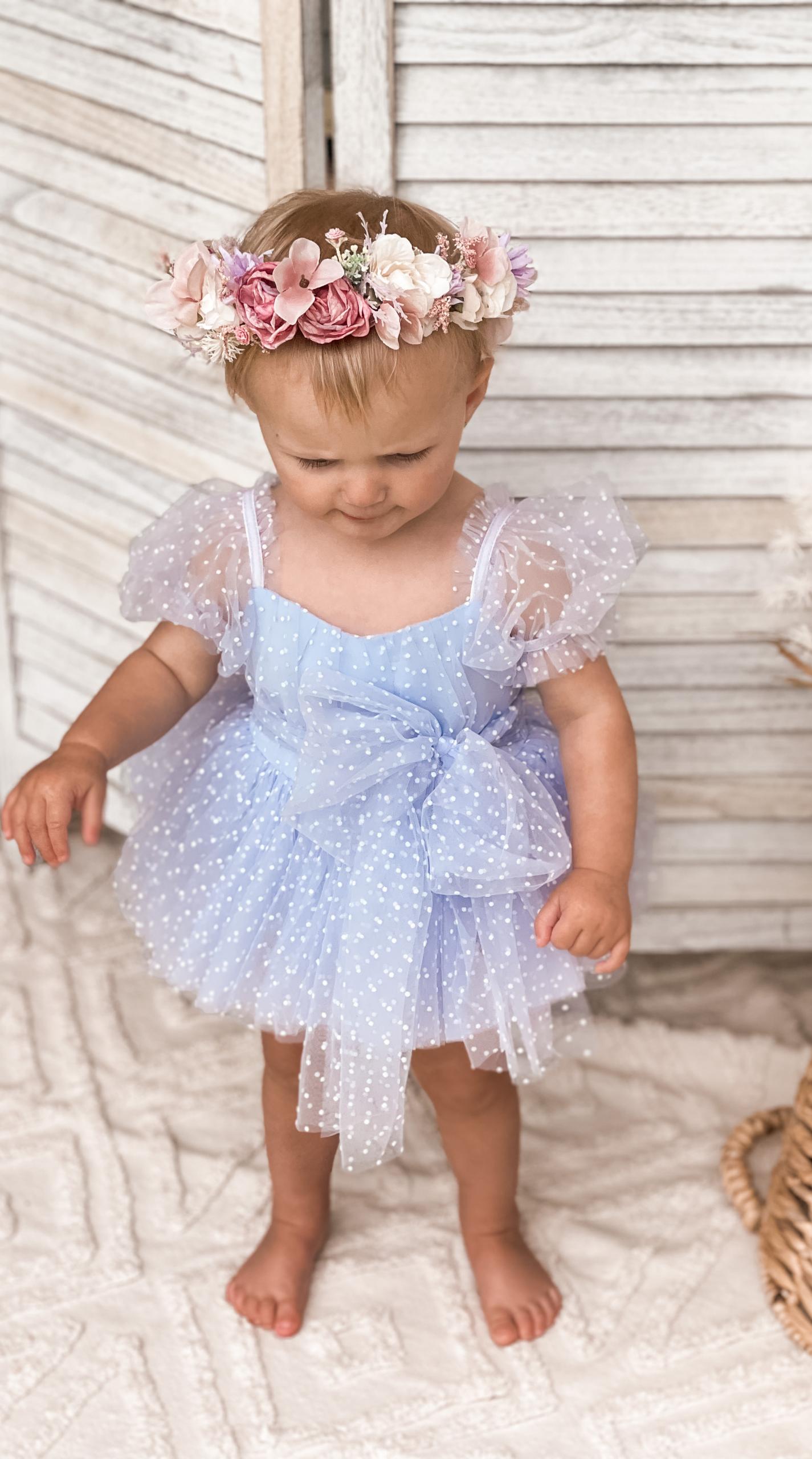Swiss Dot Periwinkle Flower Fairy Baby Girl Tulle Party Romper