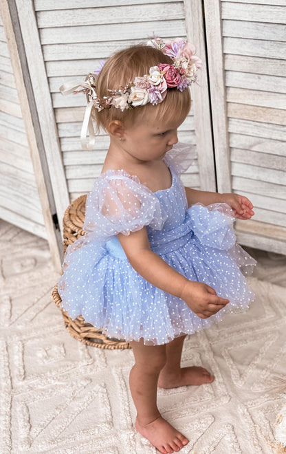 Swiss Dot Periwinkle Flower Fairy Baby Girl Tulle Party Romper