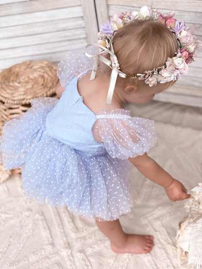 Swiss Dot Periwinkle Flower Fairy Baby Girl Tulle Party Romper