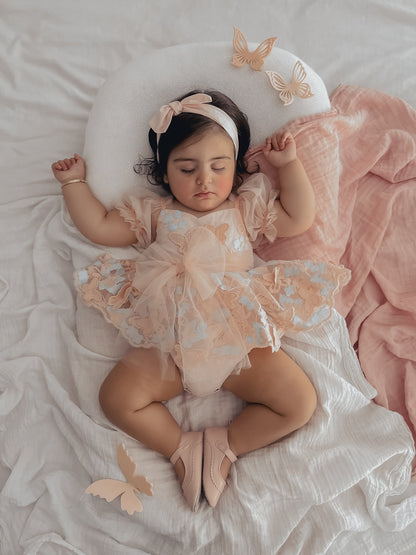 Butterfly Kisses Peach Rose Baby Girl Embroidered Tulle Party Romper
