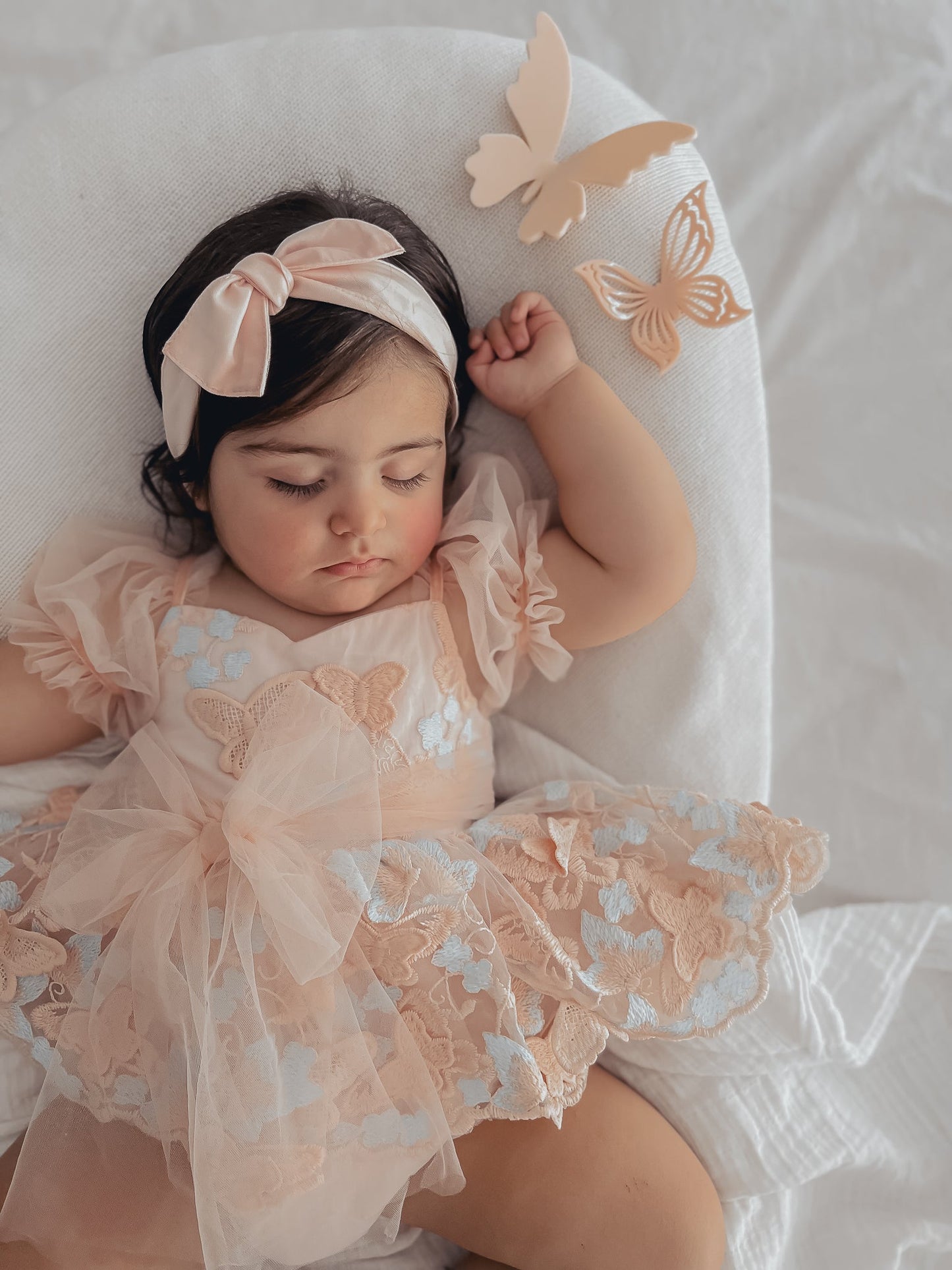 Butterfly Kisses Peach Rose Baby Girl Embroidered Tulle Party Romper