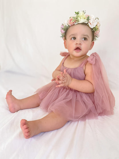English Rose Dusty Rose Pink Baby Girl Tulle Romper