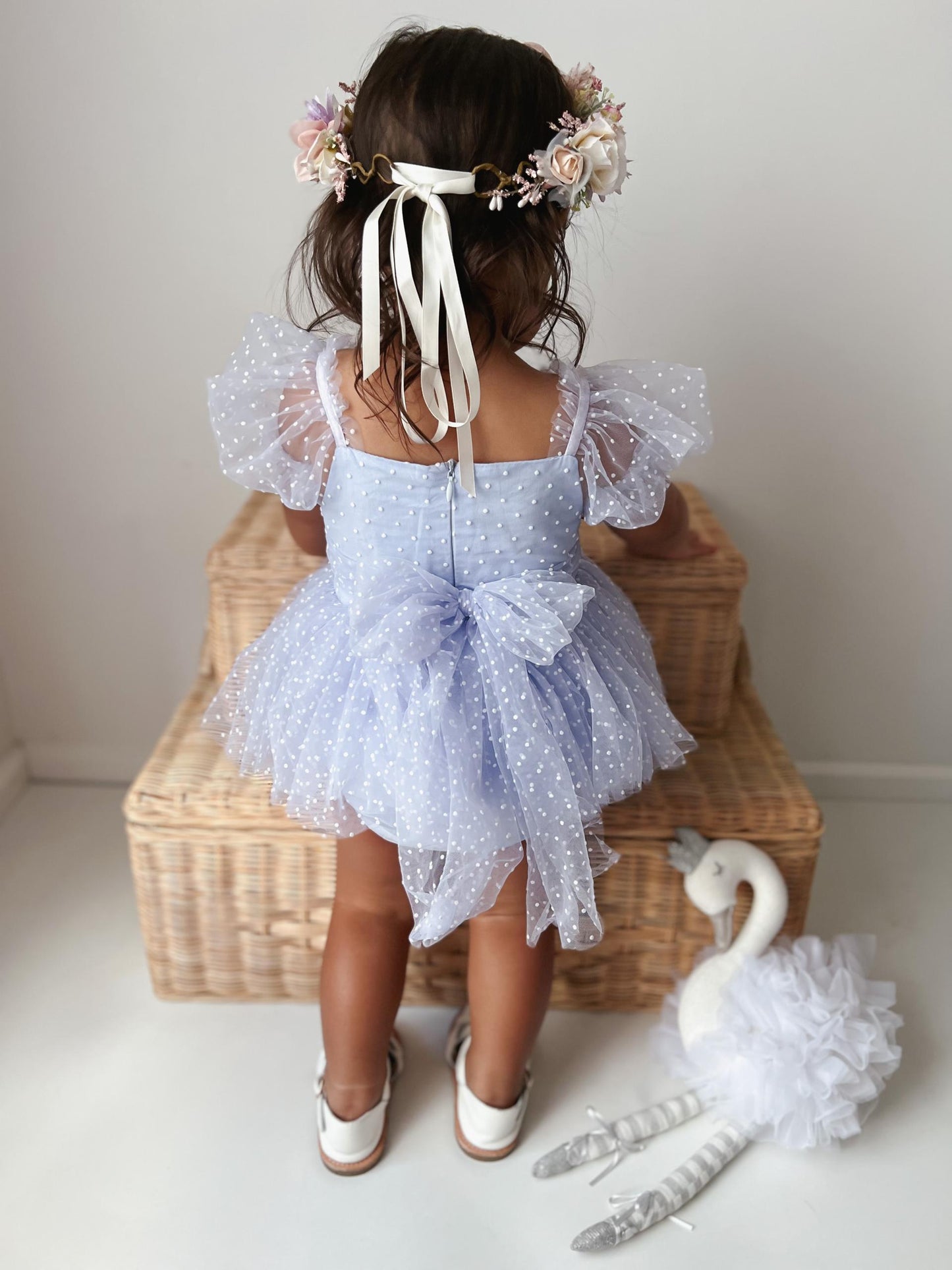 Swiss Dot Periwinkle Flower Fairy Baby Girl Tulle Party Romper