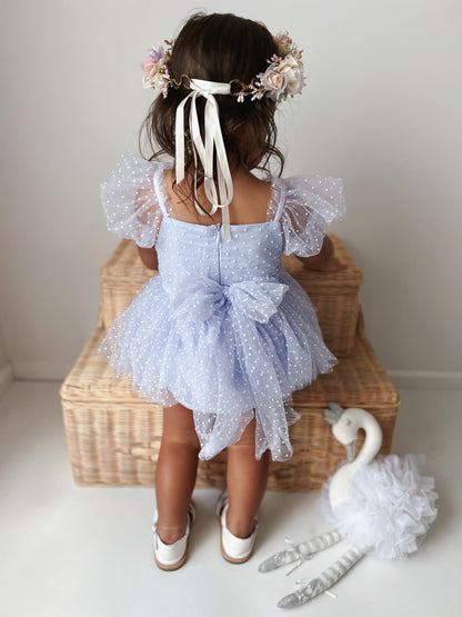 Swiss Dot Periwinkle Flower Fairy Baby Girl Tulle Party Romper