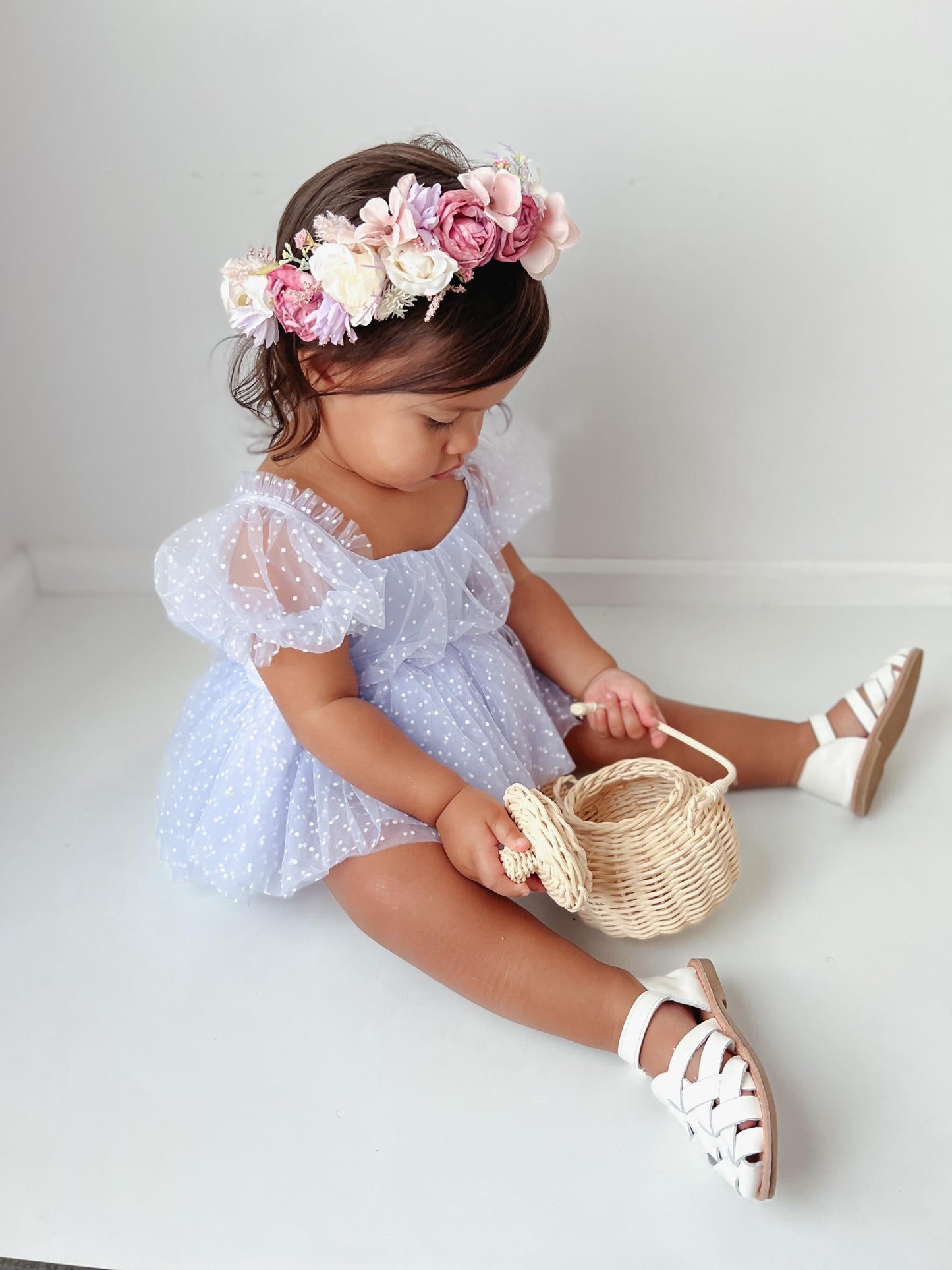 Swiss Dot Periwinkle Flower Fairy Baby Girl Tulle Party Romper