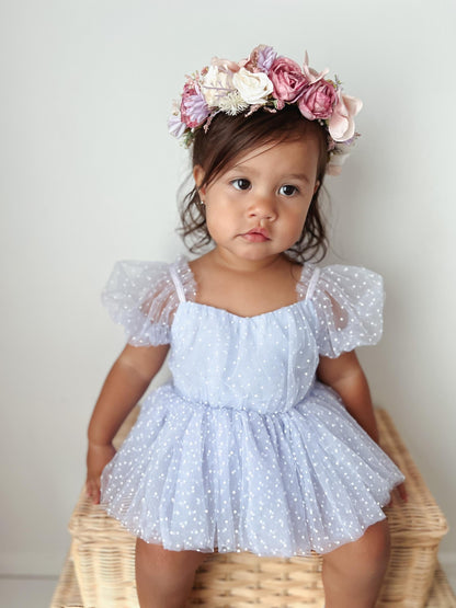 Swiss Dot Periwinkle Flower Fairy Baby Girl Tulle Party Romper