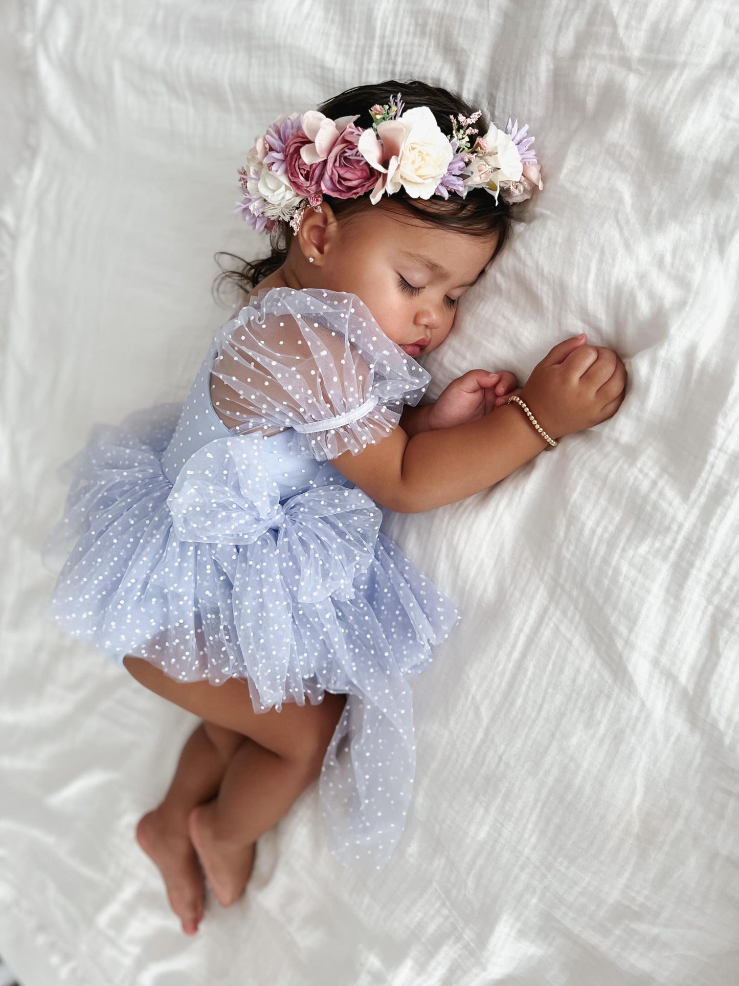 Swiss Dot Periwinkle Flower Fairy Baby Girl Tulle Party Romper