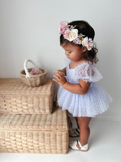 Swiss Dot Periwinkle Flower Fairy Baby Girl Tulle Party Romper