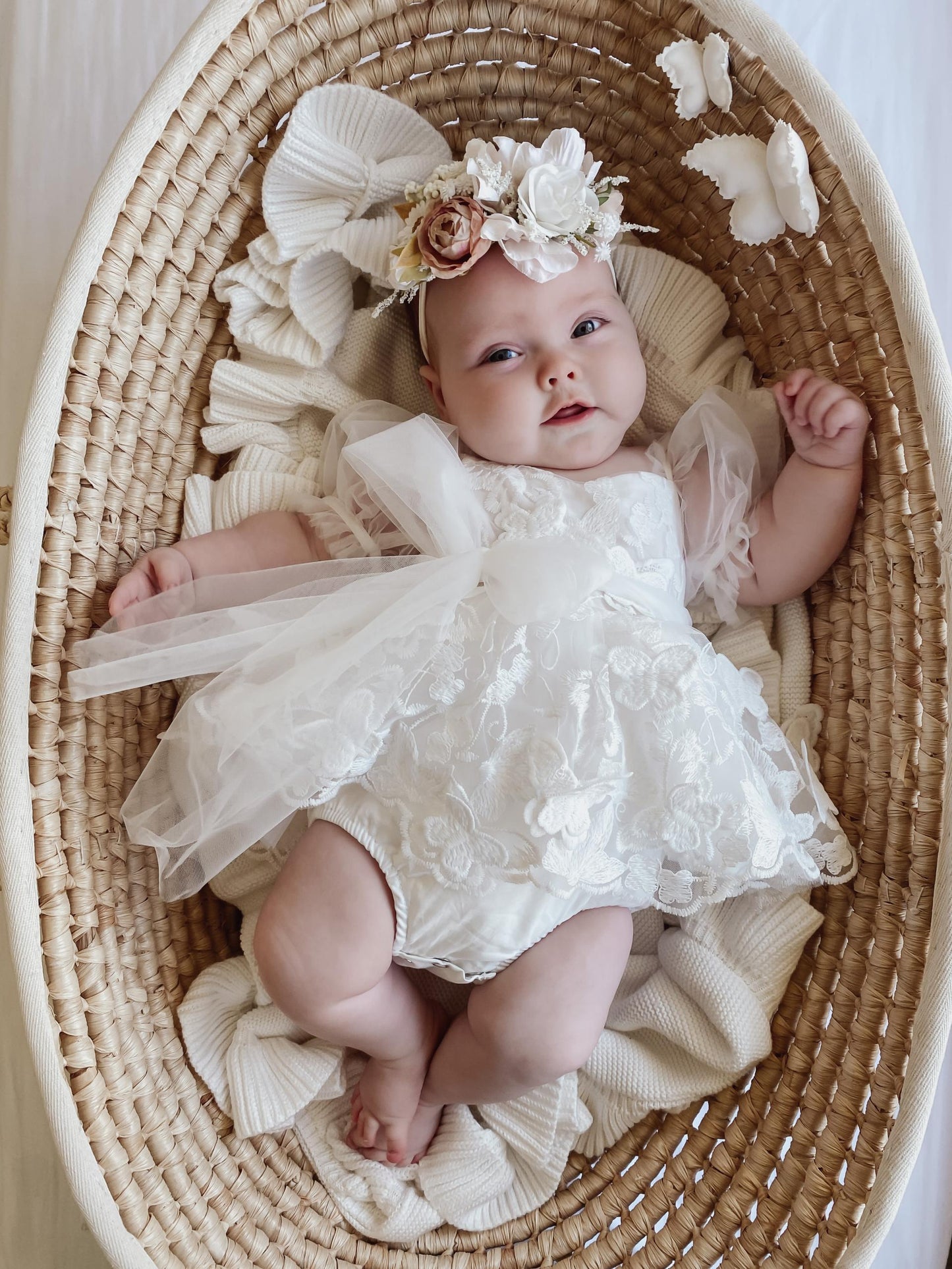 White Butterfly Kisses Baby Girls Embroidered Tulle Romper