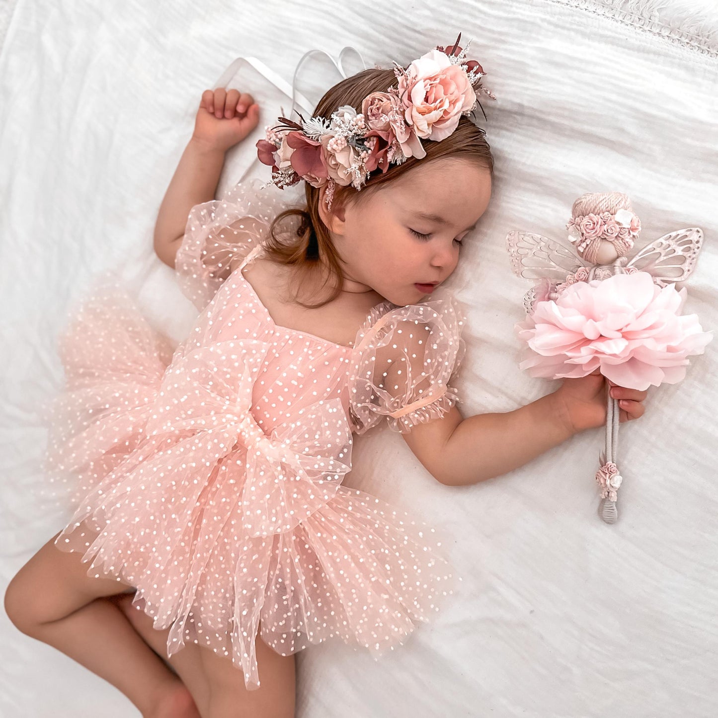 Swiss Dot Pink Rose Flower Fairy Baby Girl Tulle Party Romper