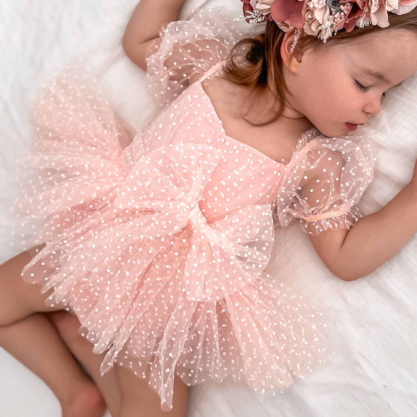 Swiss Dot Pink Rose Flower Fairy Baby Girl Tulle Party Romper