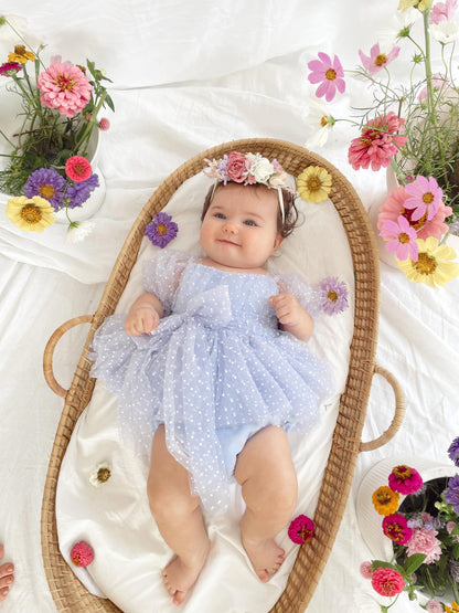 Swiss Dot Periwinkle Flower Fairy Baby Girl Tulle Party Romper