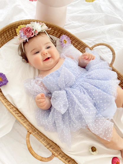 Swiss Dot Periwinkle Flower Fairy Baby Girl Tulle Party Romper