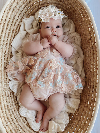 Butterfly Kisses Peach Rose Baby Girl Embroidered Tulle Party Romper