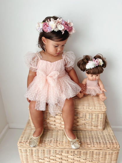 Swiss Dot Pink Rose Flower Fairy Baby Girl Tulle Party Romper