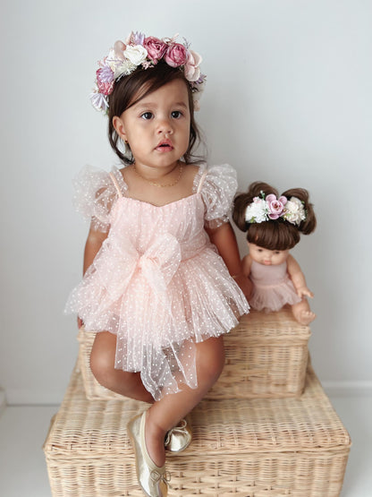 Swiss Dot Pink Rose Flower Fairy Baby Girl Tulle Party Romper