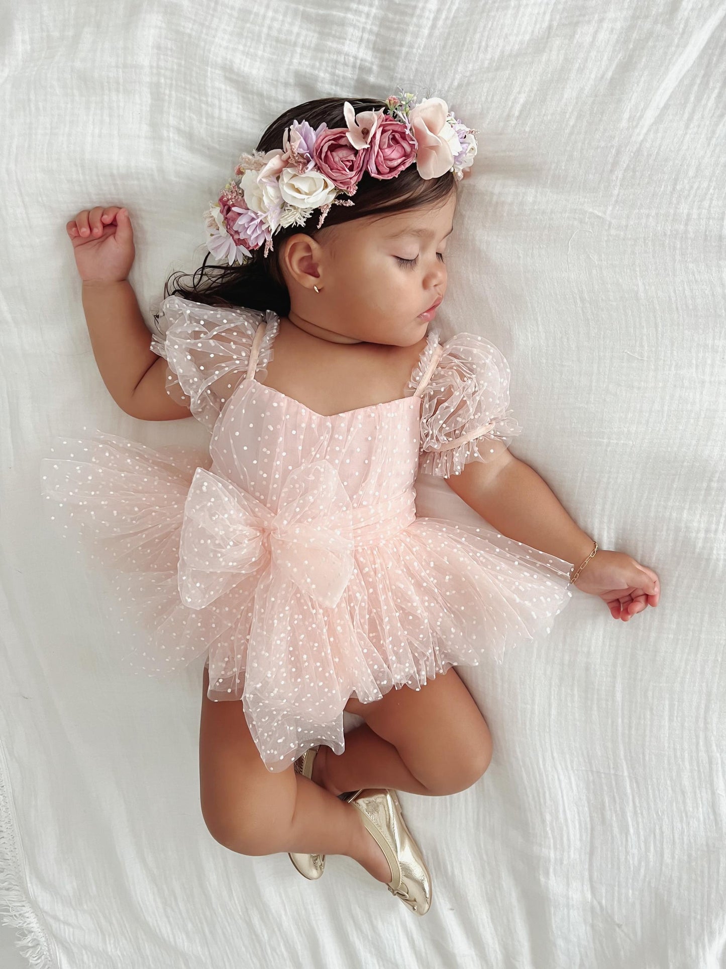 Swiss Dot Pink Rose Flower Fairy Baby Girl Tulle Party Romper