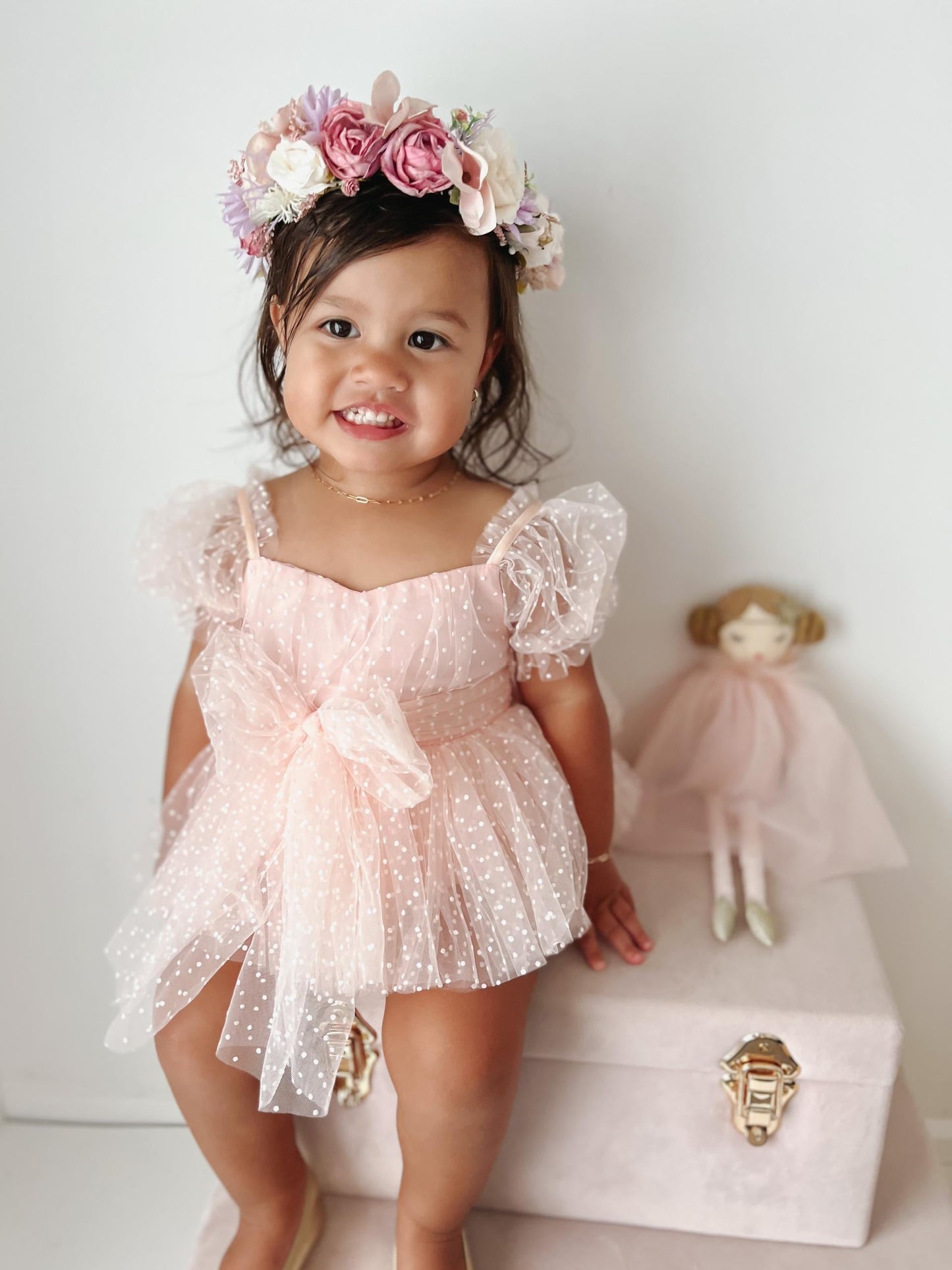 Swiss Dot Pink Rose Flower Fairy Baby Girl Tulle Party Romper