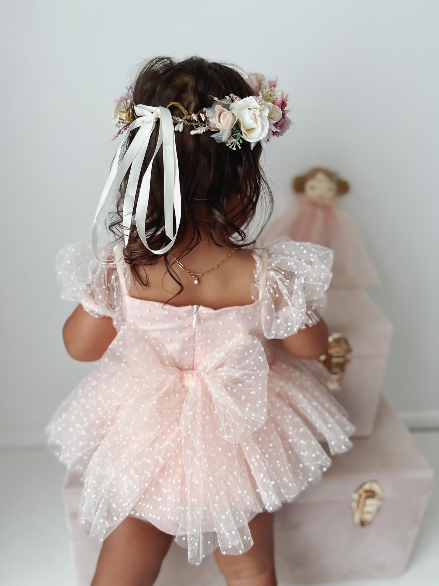 Swiss Dot Pink Rose Flower Fairy Baby Girl Tulle Party Romper