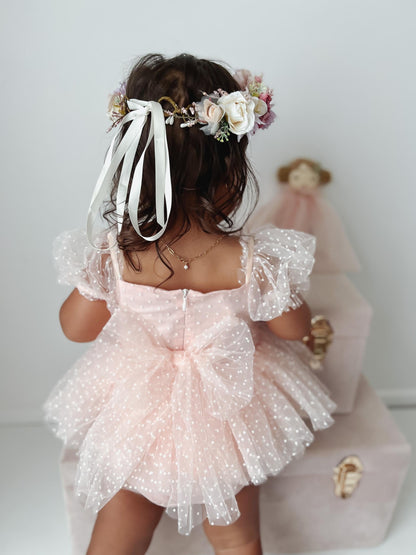 Swiss Dot Pink Rose Flower Fairy Baby Girl Tulle Party Romper
