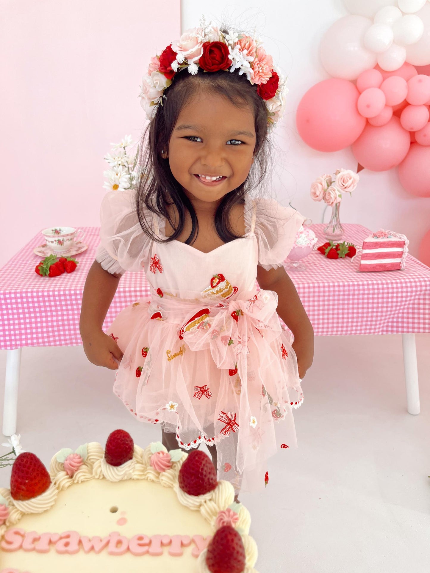 Strawberry Fields Pink Baby Girl Tulle Party Romper