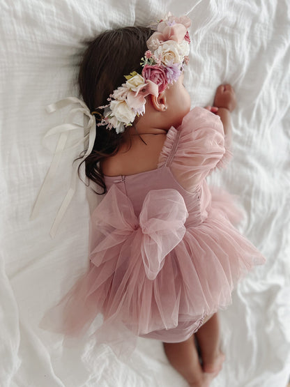 Dusty Rose Flower Fairy Baby Girl Pink Tulle Romper