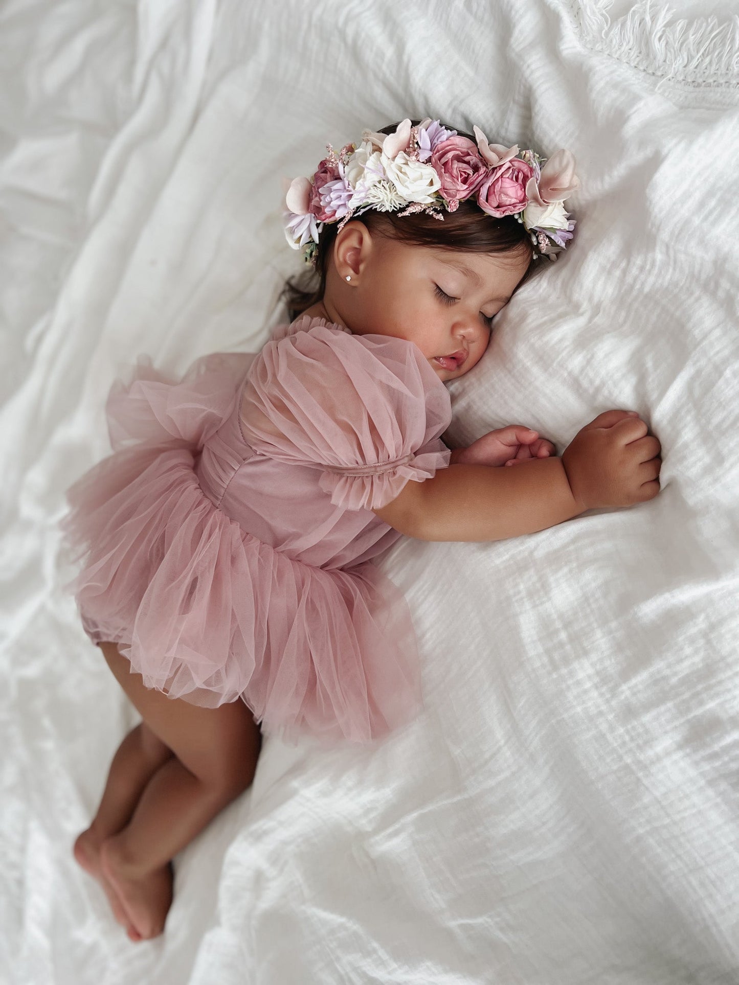 Dusty Rose Flower Fairy Baby Girl Pink Tulle Romper
