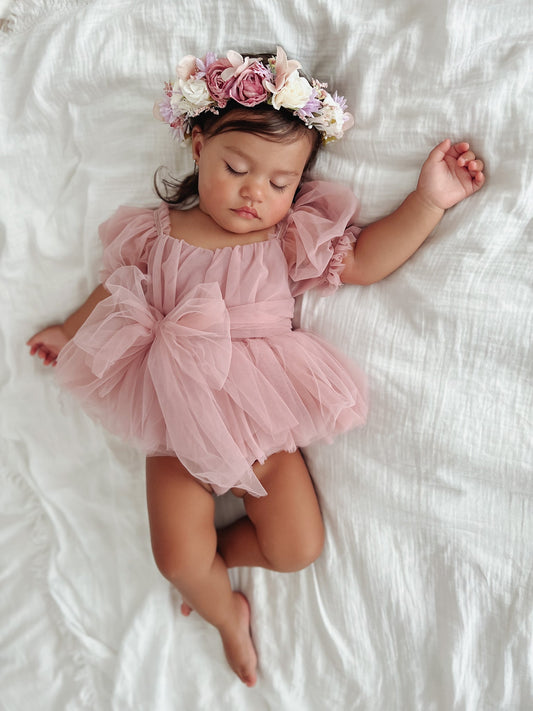 Dusty Rose Flower Fairy Baby Girl Pink Tulle Romper